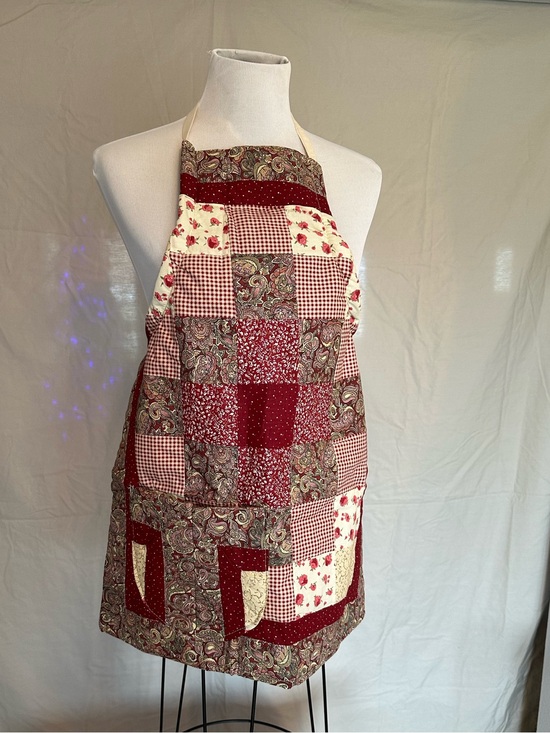 Hand Crafted Other - Hand Crafted Apron Burgundy & Cream Patchwork Quilted drawstring victorian heart